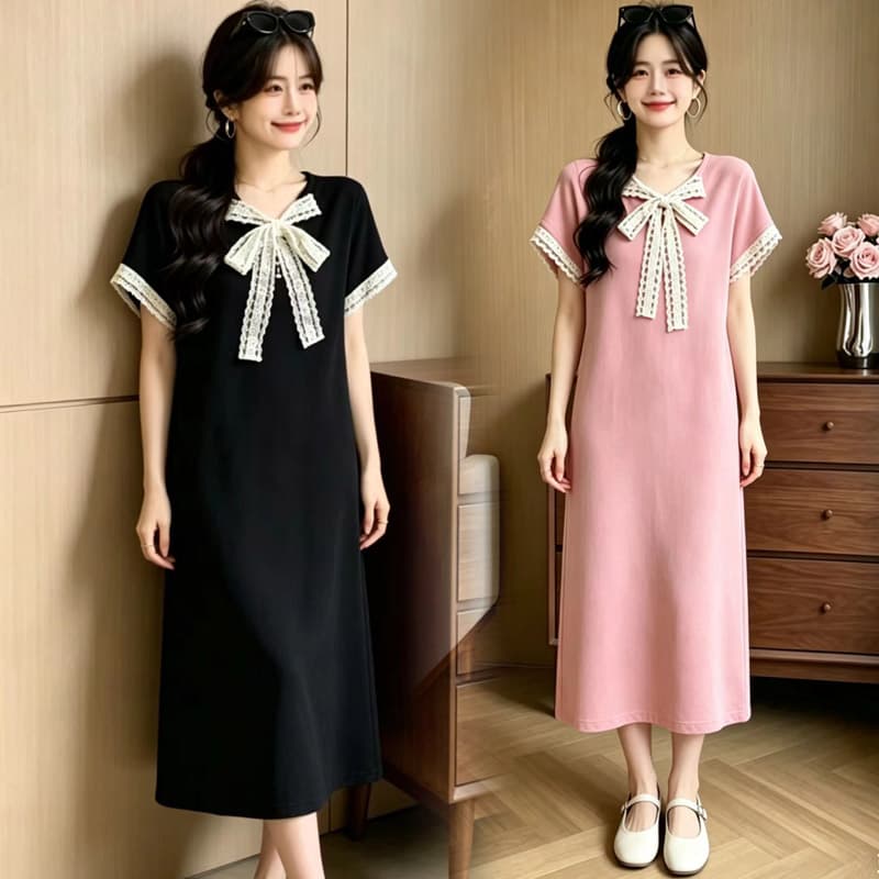 출산 착용 프랑스식 레이스 레이스업 나비 매듭 여성 드레스 여름 빅 사이즈 슬림해 보이는 고유 한 아름다운 길다 치마 트렌디 이미지 3