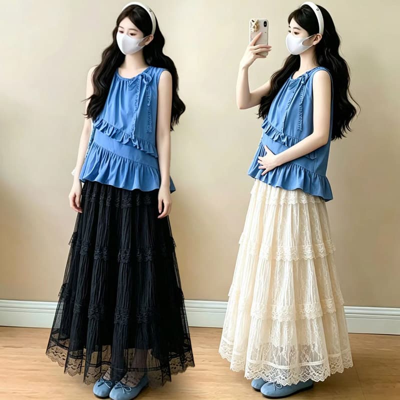 실사 임산부 여름 불규칙 프릴 레이스 스트랩 민소매 조끼 셔츠 레이스 반신 스커트 이미지 3