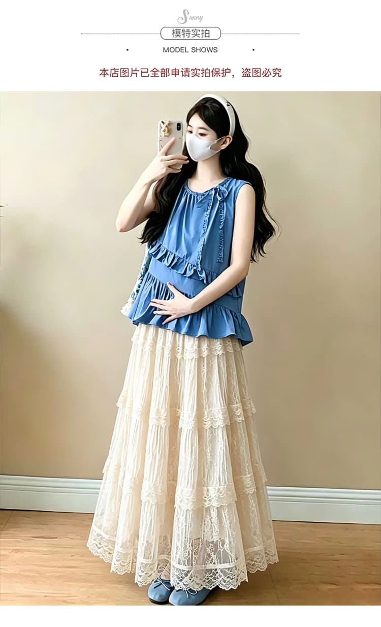 실사 임산부 여름 불규칙 프릴 레이스 스트랩 민소매 조끼 셔츠 레이스 반신 스커트 상세 이미지 8