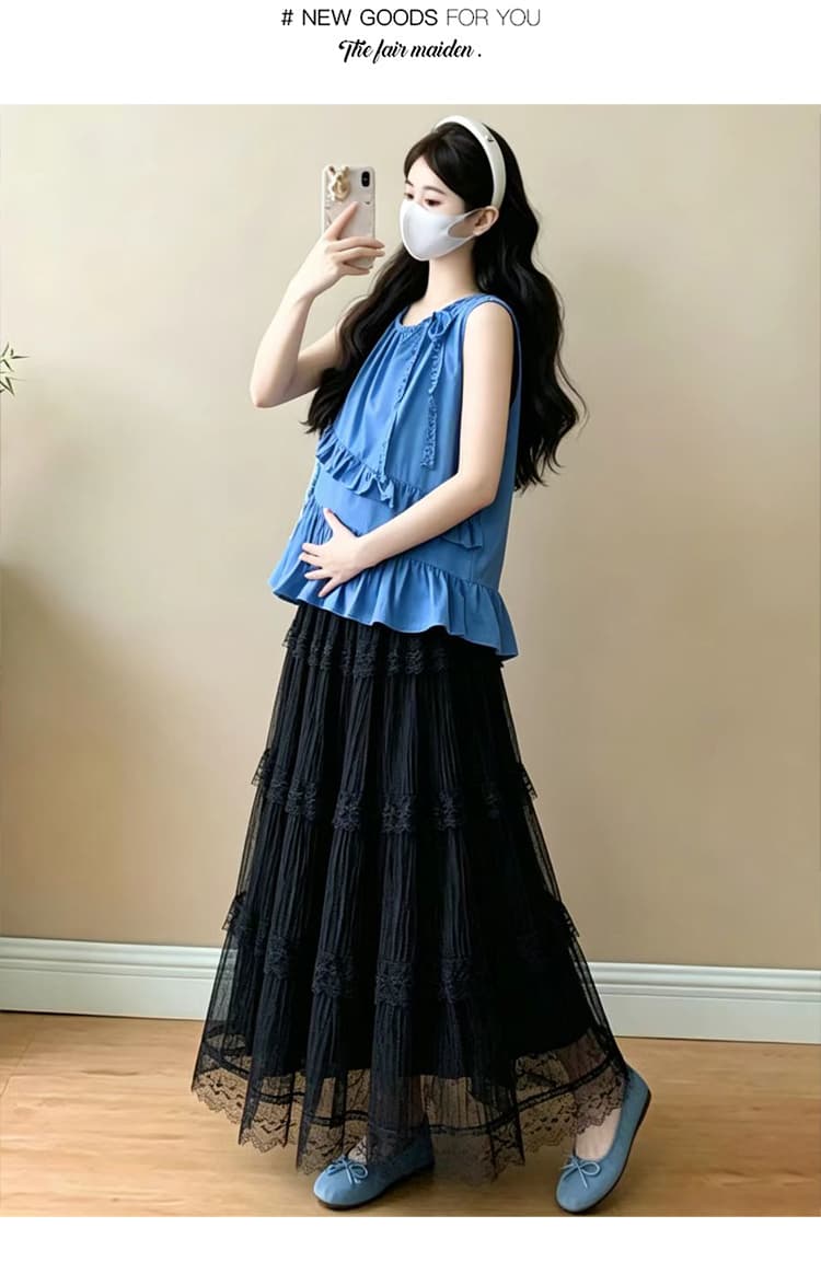 실사 임산부 여름 불규칙 프릴 레이스 스트랩 민소매 조끼 셔츠 레이스 반신 스커트 상세 이미지 20