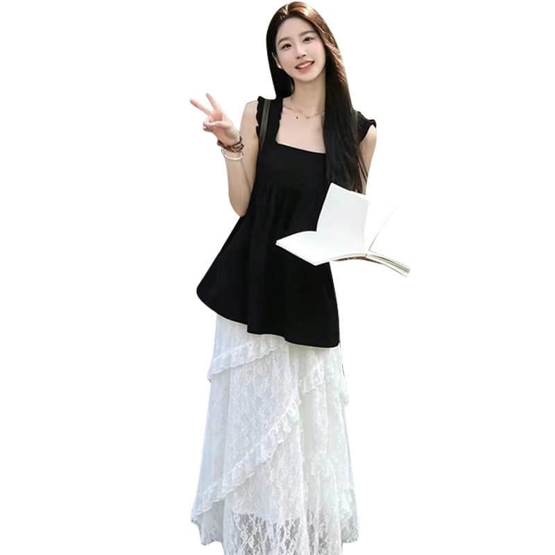 2026 여름 새로운 민소매 맨위 패치워크 화이트 레이스 계층의 감각 없음 복부 지지 임산부 반신 치마 세트 이미지 5