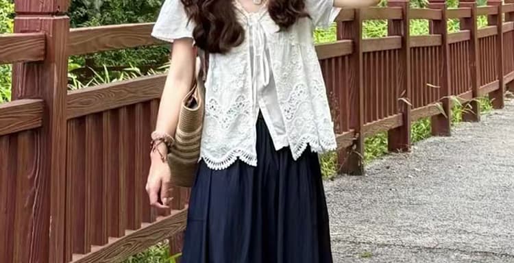 지금 2026 새로운 임산부 세트 완료 슈퍼 화재 여름 드레스 센 부서 품격 홀로우 아웃 Chic 작은 셔츠 와이드 레그 팬츠 착용 가져 가라. 세트 상세 이미지 22