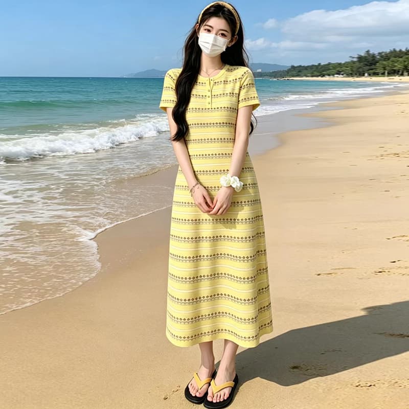 출산 착용 치마 여름 새로운 패션 루즈핏 반팔 니트 드레스 스트라이프 라운드 넥 패션 롱 코트 드레스 이미지 3