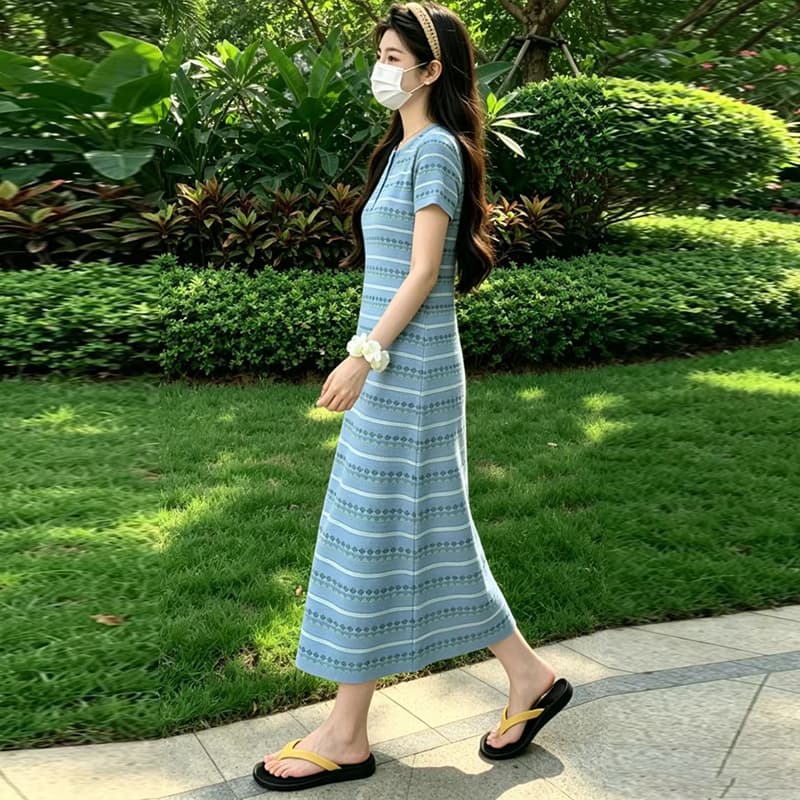 출산 착용 치마 여름 새로운 패션 루즈핏 반팔 니트 드레스 스트라이프 라운드 넥 패션 롱 코트 드레스 이미지 4