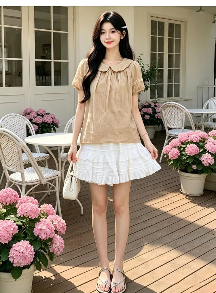 실사 임산부 세트 여름 새로운 달콤함 귀여운 베이비 칼라 거품 소매 셔츠 단어 버전 퍼프 반신 스커트 상세 이미지 11