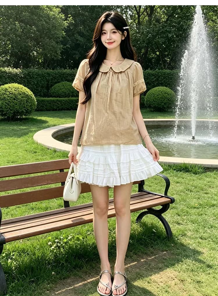 실사 임산부 세트 여름 새로운 달콤함 귀여운 베이비 칼라 거품 소매 셔츠 단어 버전 퍼프 반신 스커트 상세 이미지 12