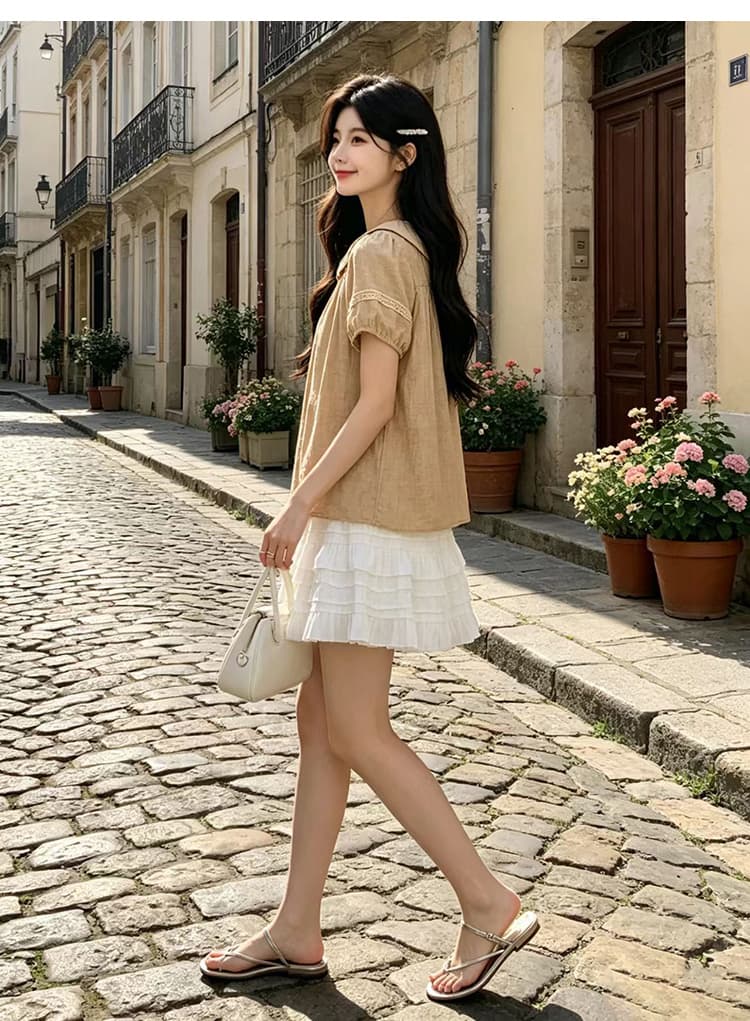 실사 임산부 세트 여름 새로운 달콤함 귀여운 베이비 칼라 거품 소매 셔츠 단어 버전 퍼프 반신 스커트 상세 이미지 16