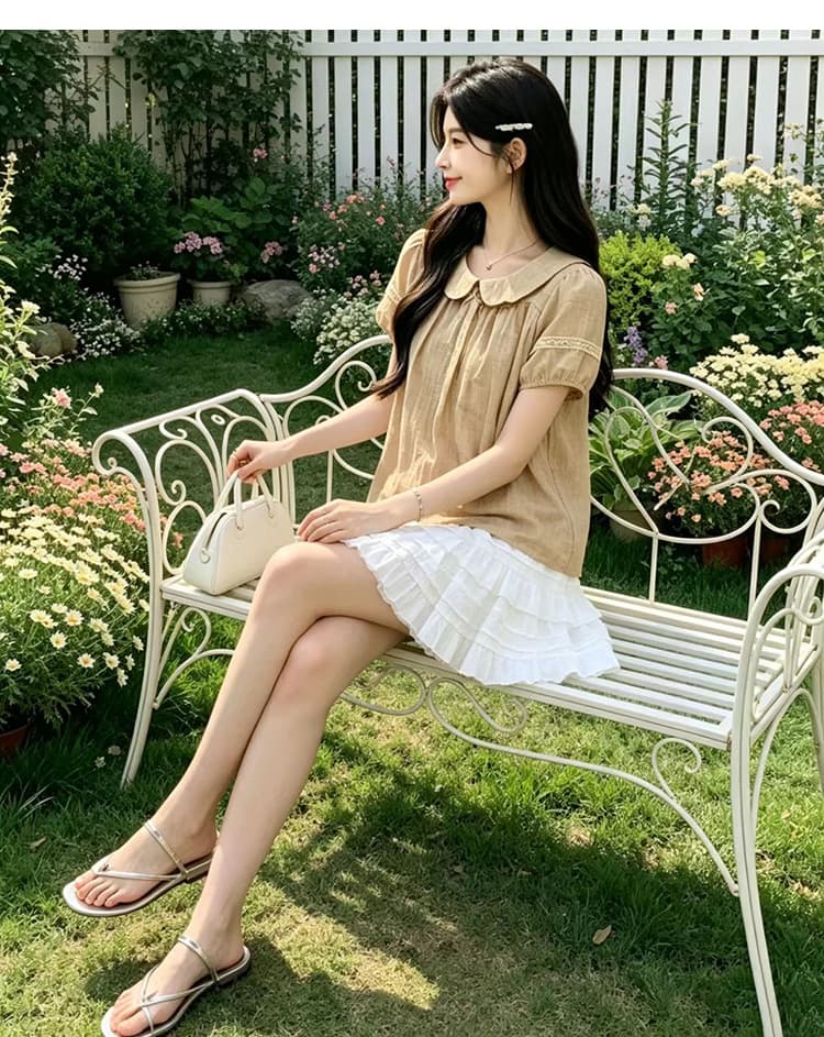실사 임산부 세트 여름 새로운 달콤함 귀여운 베이비 칼라 거품 소매 셔츠 단어 버전 퍼프 반신 스커트 상세 이미지 17