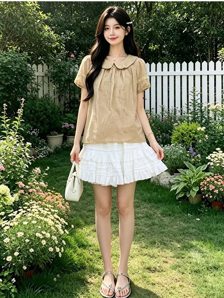 실사 임산부 세트 여름 새로운 달콤함 귀여운 베이비 칼라 거품 소매 셔츠 단어 버전 퍼프 반신 스커트 상세 이미지 18