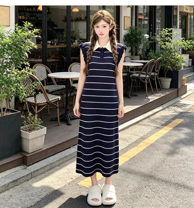 출산 스커트 2026 새로운 여름 패션 프랑스식 루즈핏 스트라이프 폴로 칼라 니트 롱 스커트 여름 섹션 임산부 드레스 상세 이미지 33