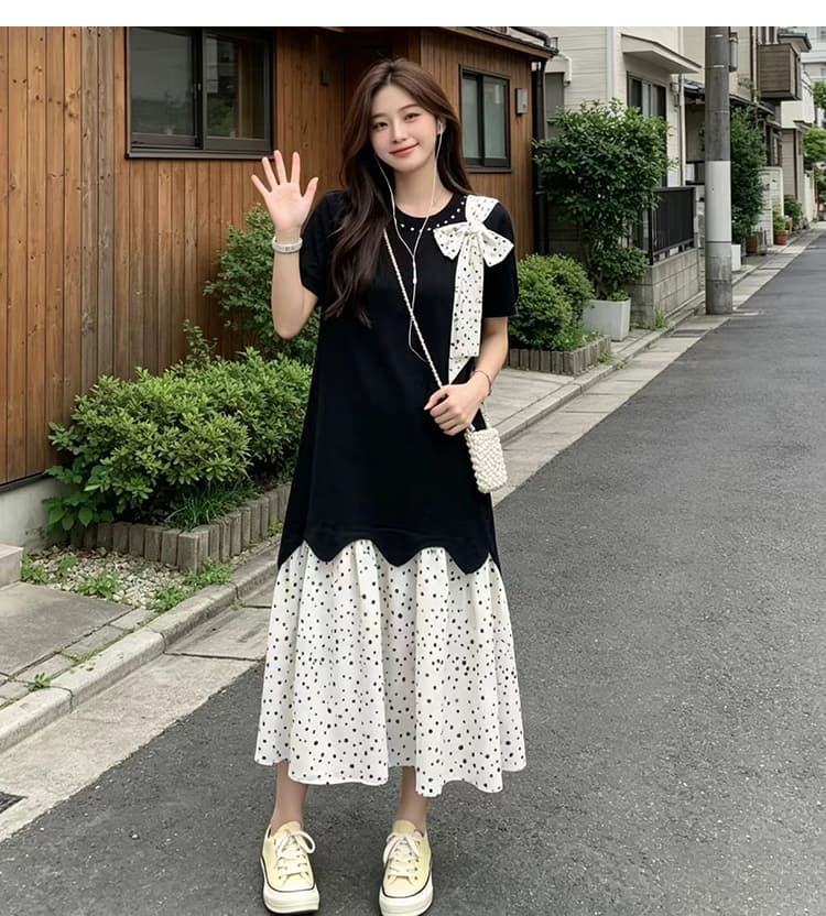출산 착용 프랑스식 레트로 도트 무늬 패치워크 검정색 긍정적 인 어깨 나비 매듭 여성 드레스 2026 여름 새로운 롱 스커트 상세 이미지 14