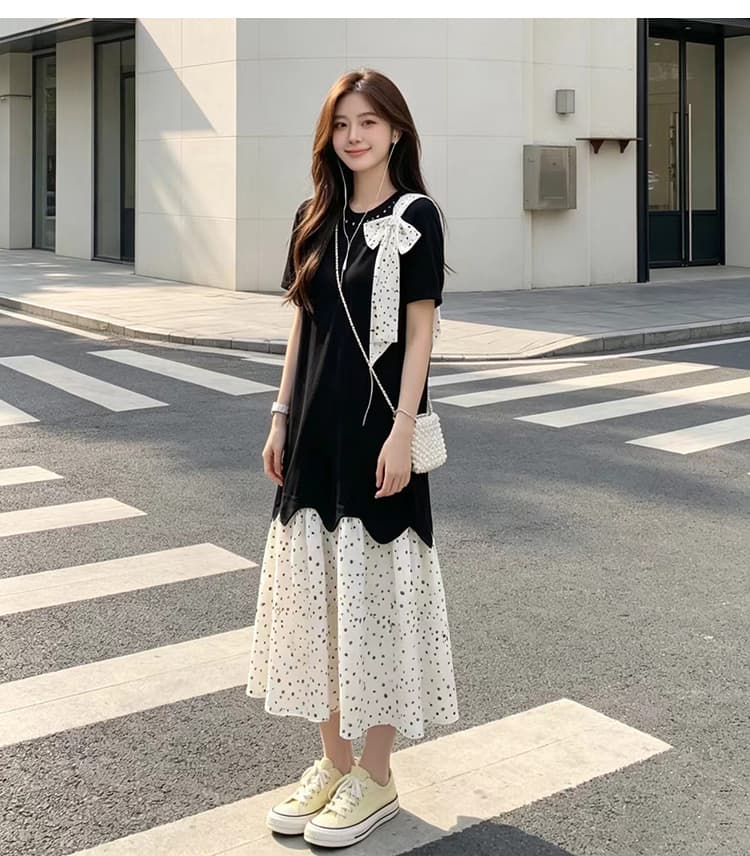 출산 착용 프랑스식 레트로 도트 무늬 패치워크 검정색 긍정적 인 어깨 나비 매듭 여성 드레스 2026 여름 새로운 롱 스커트 상세 이미지 15