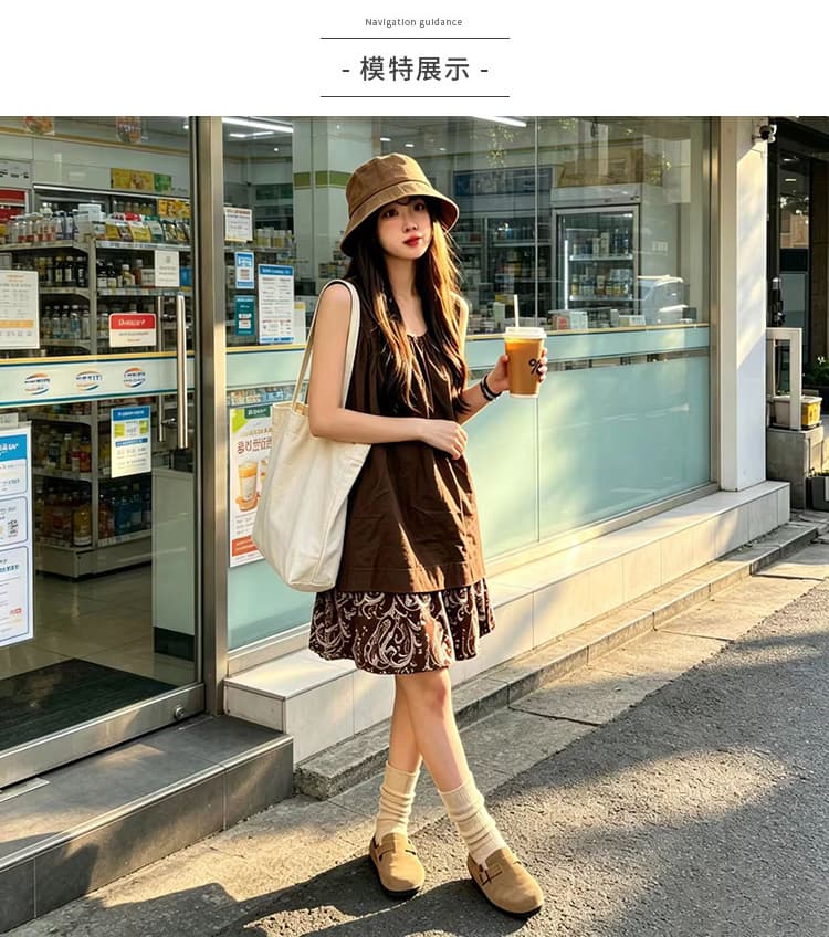 출산 착용 여름 일본과 한국 부서 세트 외국 가스 지방 mm 슬림해 보이는 루즈핏 표지 배 민소매 맨위 하이웨이스트 반신 스커트 상세 이미지 7