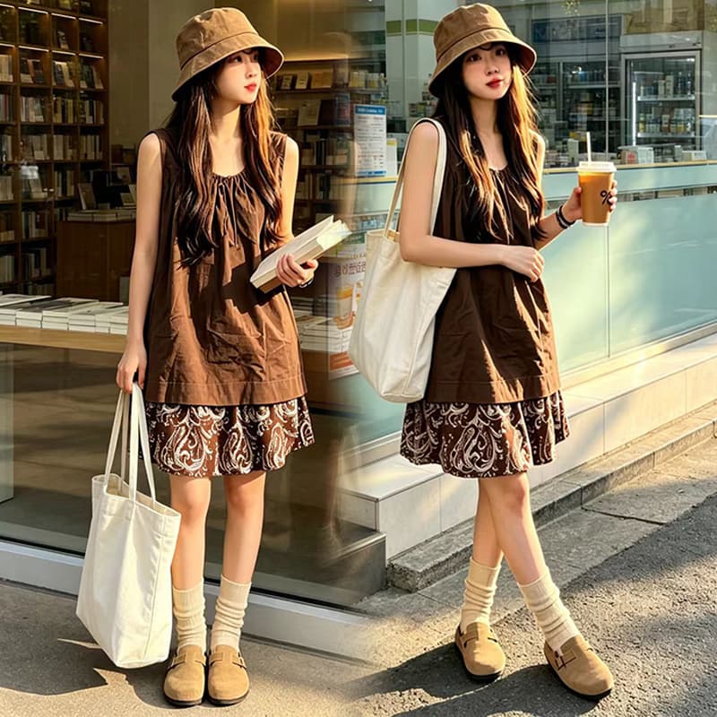 출산 착용 여름 일본과 한국 부서 세트 외국 가스 지방 mm 슬림해 보이는 루즈핏 표지 배 민소매 맨위 하이웨이스트 반신 스커트 이미지 3