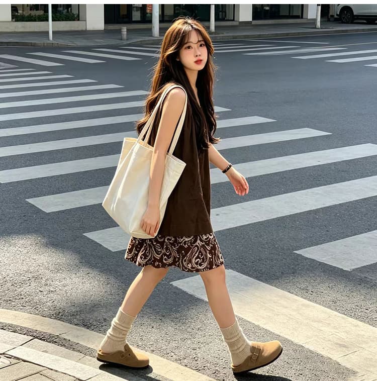 출산 착용 여름 일본과 한국 부서 세트 외국 가스 지방 mm 슬림해 보이는 루즈핏 표지 배 민소매 맨위 하이웨이스트 반신 스커트 상세 이미지 14