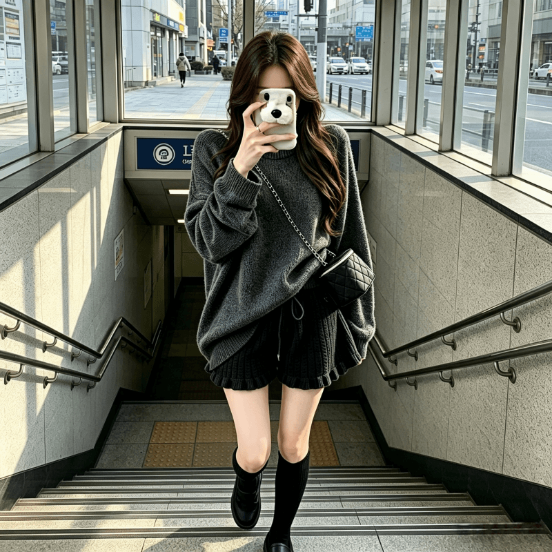 임산부 세트 가을 겨울 털실 반바지 스웨터 맨위 세트 외출용 목이버섯 레이스 타이트 레깅스 투피스 세트 상세 이미지 8