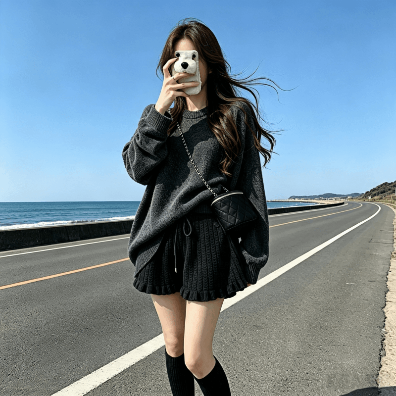 임산부 세트 가을 겨울 털실 반바지 스웨터 맨위 세트 외출용 목이버섯 레이스 타이트 레깅스 투피스 세트 상세 이미지 11
