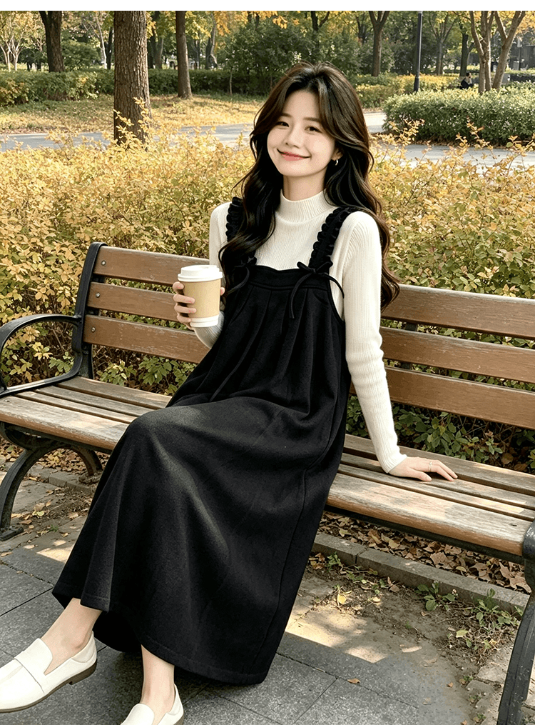 출산 착용 목이버섯 넓은 측면 슬립 드레스 가을 겨울 새로운 달콤함 루즈핏 다용도 중간 길이 A라인 스커트 만나는 상세 이미지 12