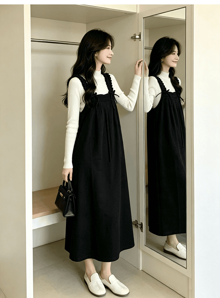 출산 착용 목이버섯 넓은 측면 슬립 드레스 가을 겨울 새로운 달콤함 루즈핏 다용도 중간 길이 A라인 스커트 만나는 상세 이미지 13