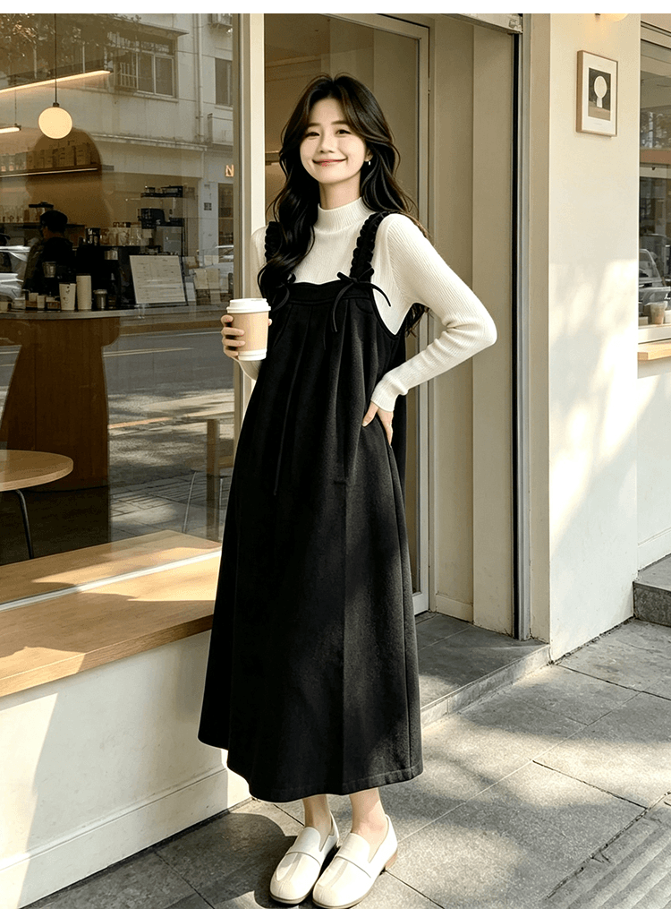 출산 착용 목이버섯 넓은 측면 슬립 드레스 가을 겨울 새로운 달콤함 루즈핏 다용도 중간 길이 A라인 스커트 만나는 상세 이미지 15