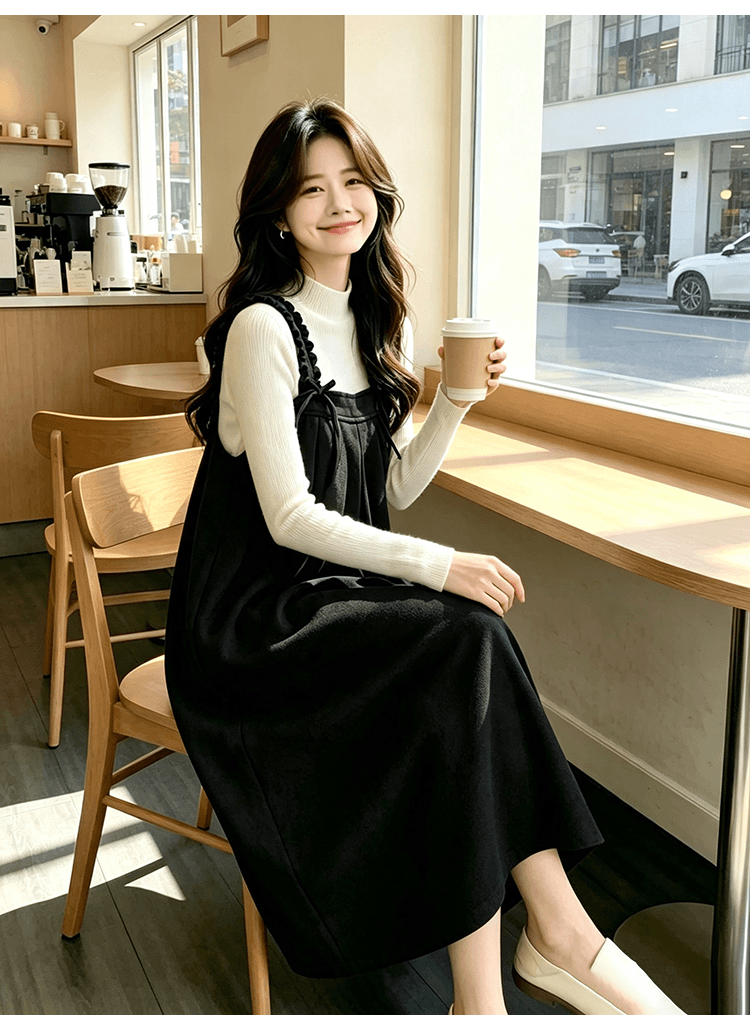 출산 착용 목이버섯 넓은 측면 슬립 드레스 가을 겨울 새로운 달콤함 루즈핏 다용도 중간 길이 A라인 스커트 만나는 상세 이미지 18
