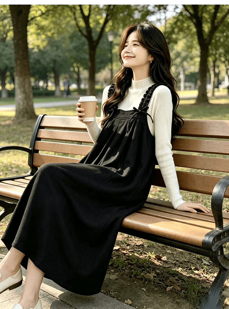 출산 착용 목이버섯 넓은 측면 슬립 드레스 가을 겨울 새로운 달콤함 루즈핏 다용도 중간 길이 A라인 스커트 만나는 상세 이미지 21