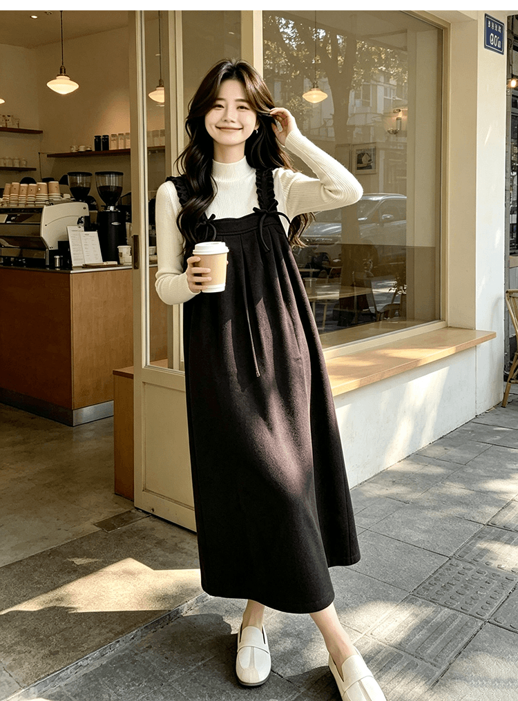 출산 착용 목이버섯 넓은 측면 슬립 드레스 가을 겨울 새로운 달콤함 루즈핏 다용도 중간 길이 A라인 스커트 만나는 상세 이미지 22