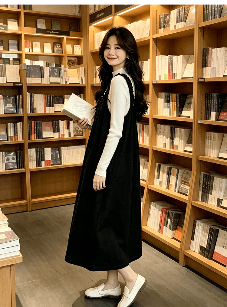 출산 착용 목이버섯 넓은 측면 슬립 드레스 가을 겨울 새로운 달콤함 루즈핏 다용도 중간 길이 A라인 스커트 만나는 상세 이미지 23