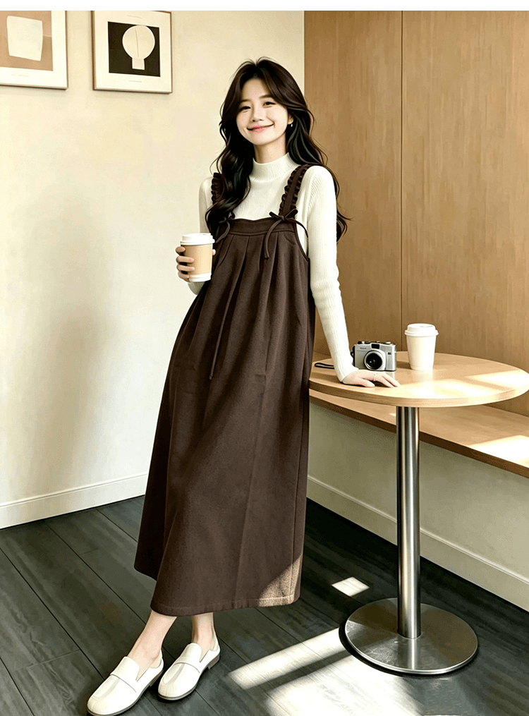 출산 착용 목이버섯 넓은 측면 슬립 드레스 가을 겨울 새로운 달콤함 루즈핏 다용도 중간 길이 A라인 스커트 만나는 상세 이미지 28
