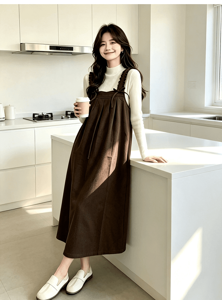 출산 착용 목이버섯 넓은 측면 슬립 드레스 가을 겨울 새로운 달콤함 루즈핏 다용도 중간 길이 A라인 스커트 만나는 상세 이미지 32