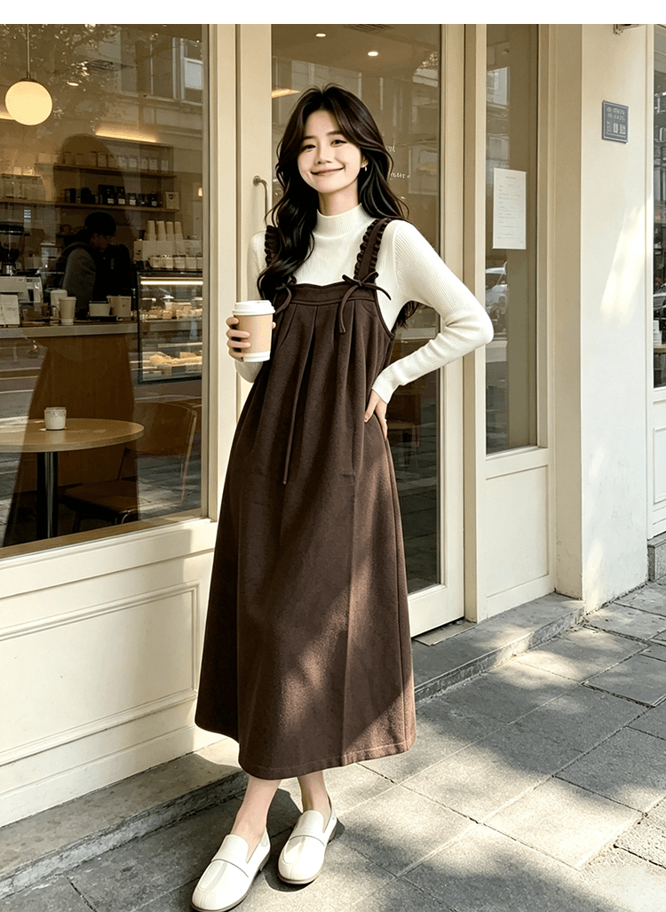 출산 착용 목이버섯 넓은 측면 슬립 드레스 가을 겨울 새로운 달콤함 루즈핏 다용도 중간 길이 A라인 스커트 만나는 상세 이미지 33