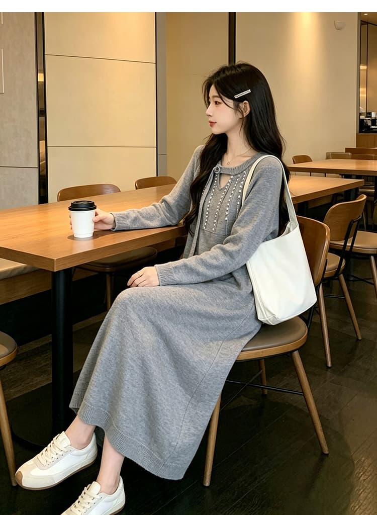 지금 임산부 드레스 가을 의상 작은 샤넬 스타일 진주 스웨터 드레스 임신 엄마 고급 센스 착용 가져 가라. 2026 새로운 가을 겨울철 상세 이미지 11