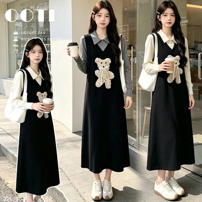 출산 착용 빅 사이즈 작은 곰 니트 여성 드레스 2026 새로운 가을 겨울 검정색 롱 스커트 페이크 레이어드 스웨터 치마 이미지 2