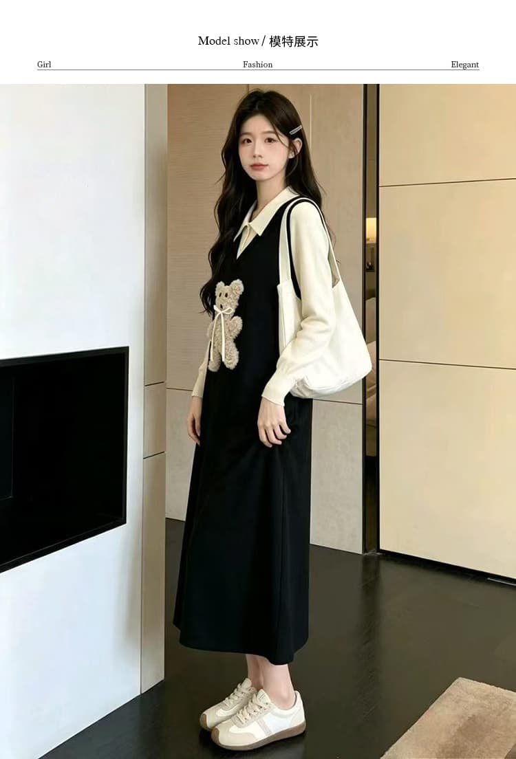 출산 착용 빅 사이즈 작은 곰 니트 여성 드레스 2026 새로운 가을 겨울 검정색 롱 스커트 페이크 레이어드 스웨터 치마 상세 이미지 9