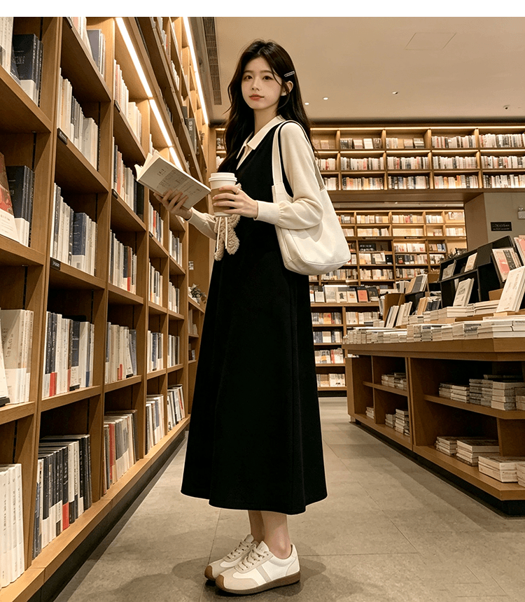출산 착용 빅 사이즈 작은 곰 니트 여성 드레스 2026 새로운 가을 겨울 검정색 롱 스커트 페이크 레이어드 스웨터 치마 상세 이미지 15