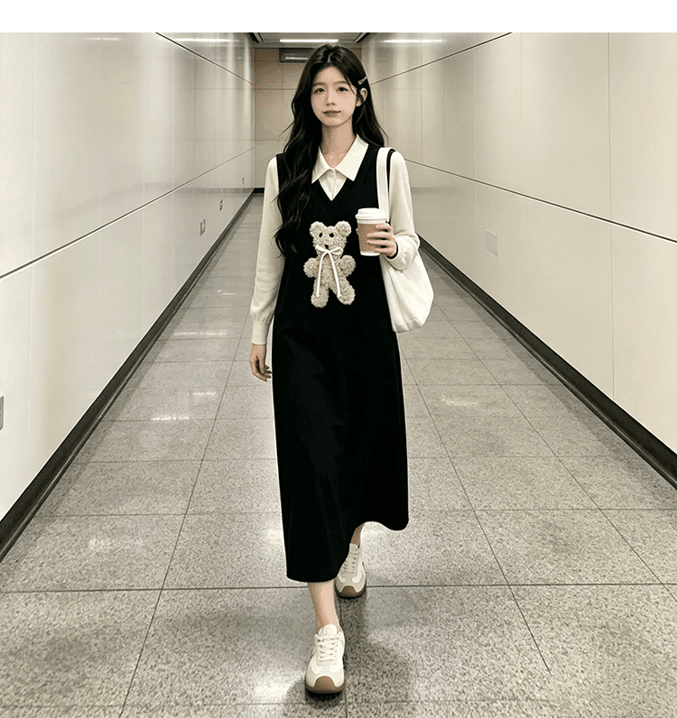 출산 착용 빅 사이즈 작은 곰 니트 여성 드레스 2026 새로운 가을 겨울 검정색 롱 스커트 페이크 레이어드 스웨터 치마 상세 이미지 16