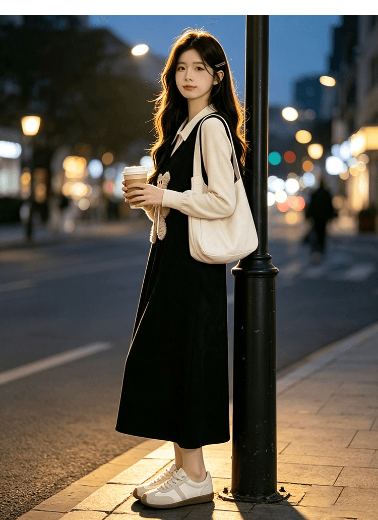 출산 착용 빅 사이즈 작은 곰 니트 여성 드레스 2026 새로운 가을 겨울 검정색 롱 스커트 페이크 레이어드 스웨터 치마 상세 이미지 17