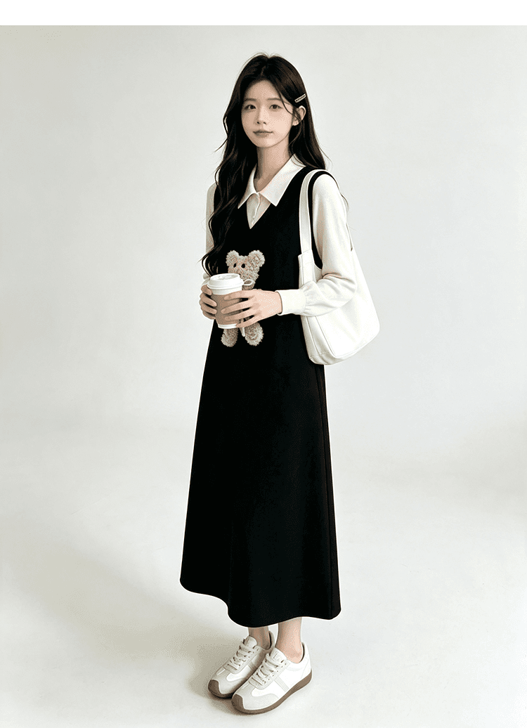 출산 착용 빅 사이즈 작은 곰 니트 여성 드레스 2026 새로운 가을 겨울 검정색 롱 스커트 페이크 레이어드 스웨터 치마 상세 이미지 18