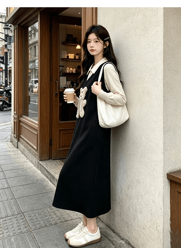 출산 착용 빅 사이즈 작은 곰 니트 여성 드레스 2026 새로운 가을 겨울 검정색 롱 스커트 페이크 레이어드 스웨터 치마 상세 이미지 19