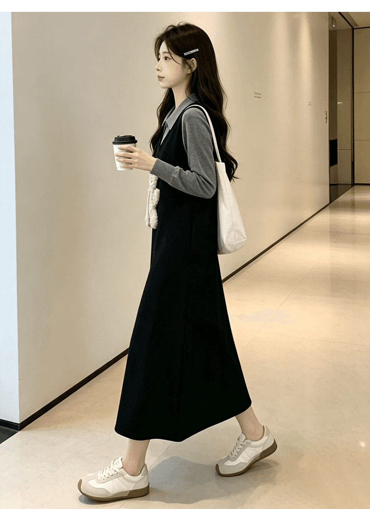 출산 착용 빅 사이즈 작은 곰 니트 여성 드레스 2026 새로운 가을 겨울 검정색 롱 스커트 페이크 레이어드 스웨터 치마 상세 이미지 23