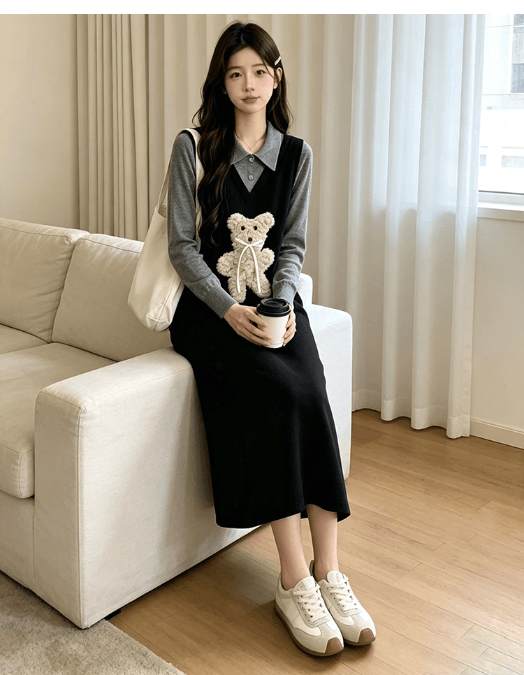 출산 착용 빅 사이즈 작은 곰 니트 여성 드레스 2026 새로운 가을 겨울 검정색 롱 스커트 페이크 레이어드 스웨터 치마 상세 이미지 25