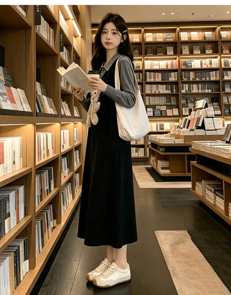 출산 착용 빅 사이즈 작은 곰 니트 여성 드레스 2026 새로운 가을 겨울 검정색 롱 스커트 페이크 레이어드 스웨터 치마 상세 이미지 26