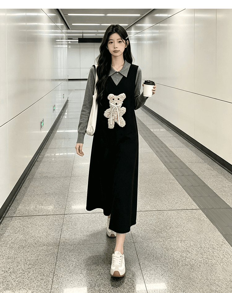 출산 착용 빅 사이즈 작은 곰 니트 여성 드레스 2026 새로운 가을 겨울 검정색 롱 스커트 페이크 레이어드 스웨터 치마 상세 이미지 27