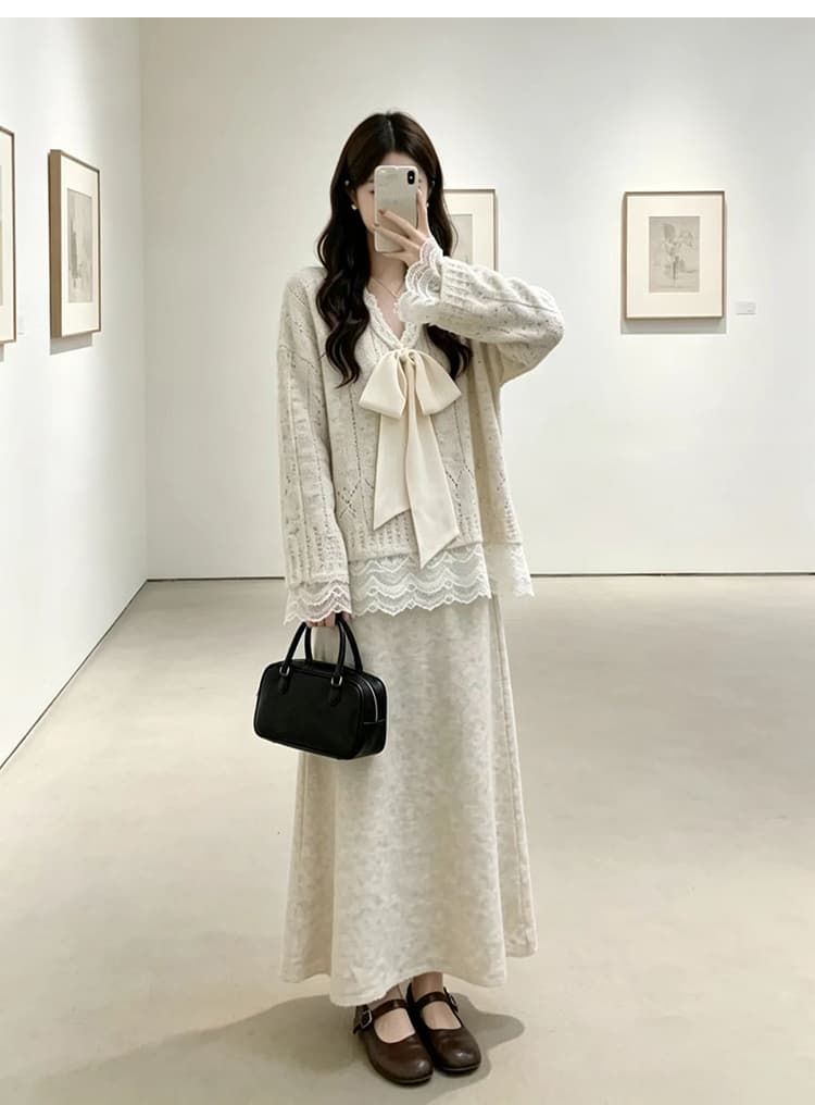2026 임산부 가을 겨울 세트 나비 매듭 스웨터 레이스 조각 니트 스웨터 루즈핏 맨위 반신 스커트 투피스 세트 상세 이미지 20