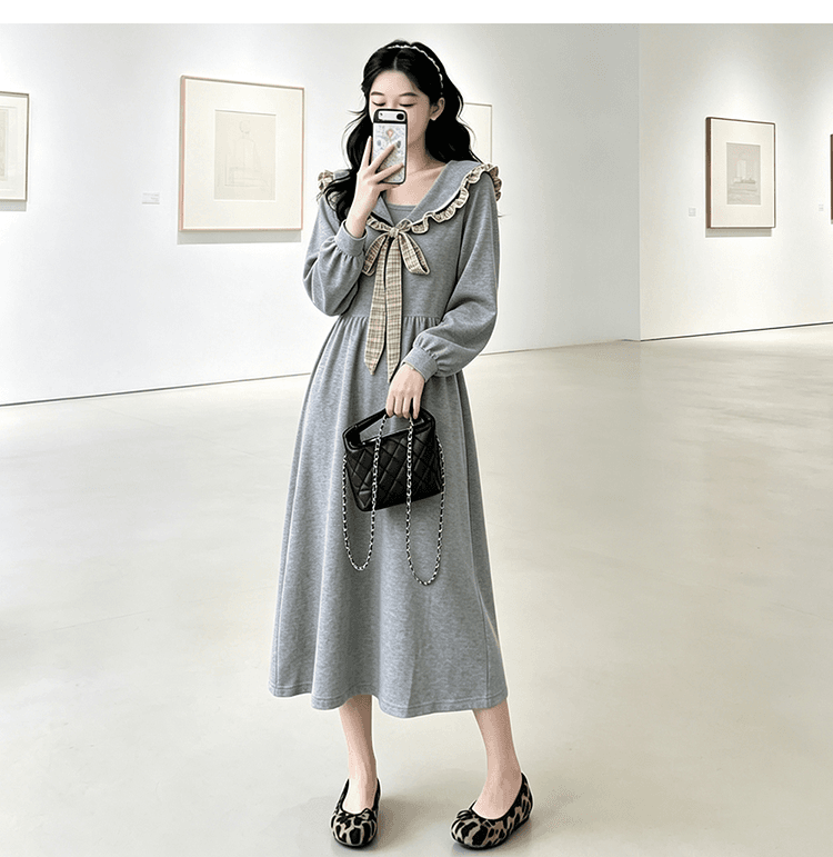 지금 출산 착용 프랑스식 그는 벤 바람 여성 드레스 가을 2026 새로운 고급 센스 나비 매듭 품격 롱 스커트 상세 이미지 11