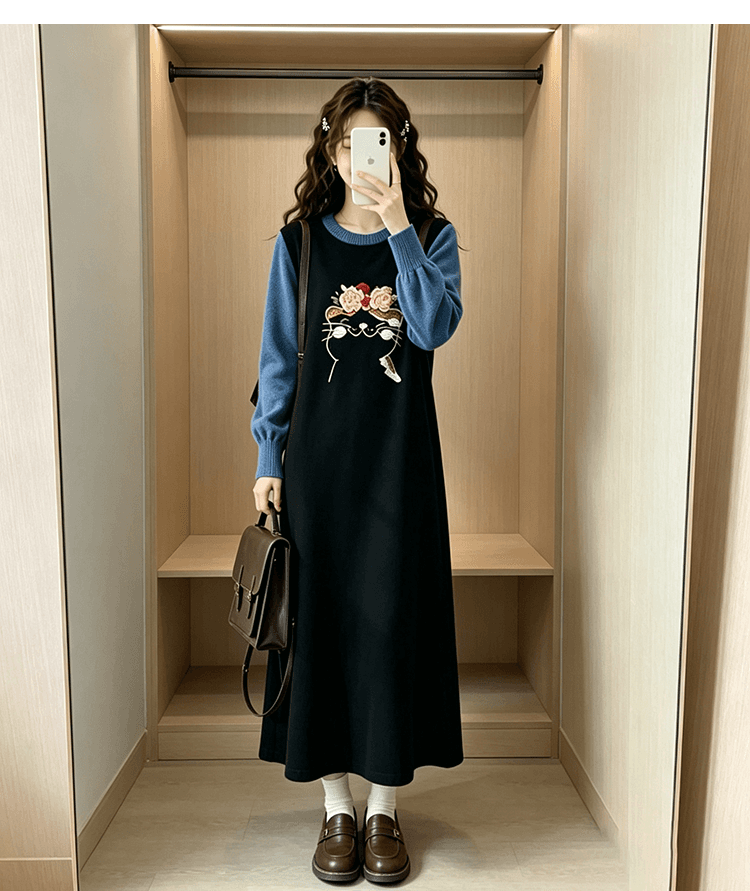 임산부 드레스 봄 가을 2026 새로운 페이크 레이어드 디자인 센스 임신 기간 출퇴근 생산 확인 가을 겨울 니트 스웨터 드레스 상세 이미지 12