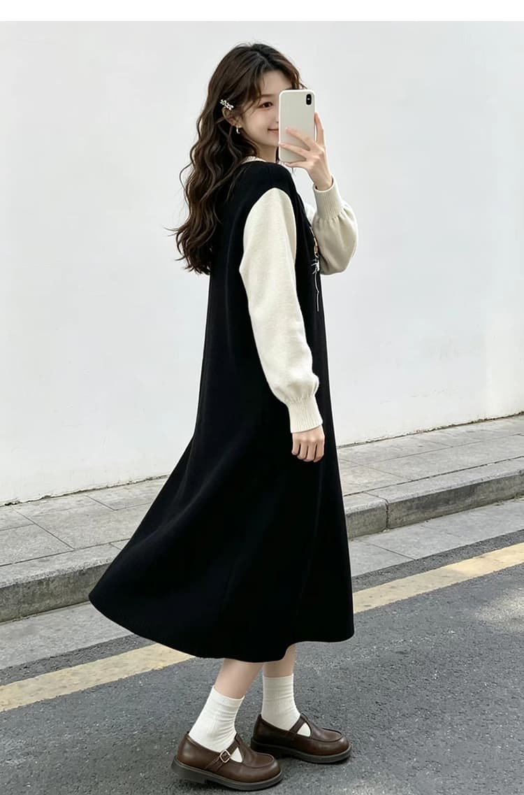 임산부 드레스 봄 가을 2026 새로운 페이크 레이어드 디자인 센스 임신 기간 출퇴근 생산 확인 가을 겨울 니트 스웨터 드레스 상세 이미지 13