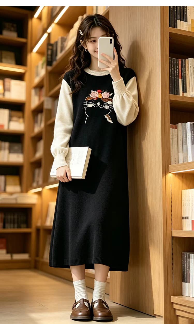 임산부 드레스 봄 가을 2026 새로운 페이크 레이어드 디자인 센스 임신 기간 출퇴근 생산 확인 가을 겨울 니트 스웨터 드레스 상세 이미지 15