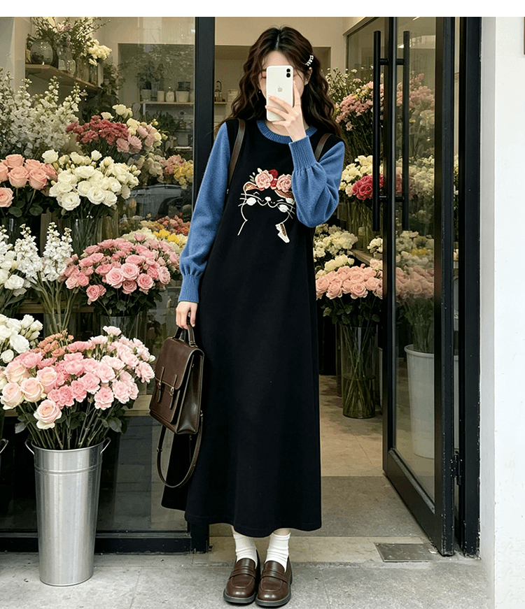 임산부 드레스 봄 가을 2026 새로운 페이크 레이어드 디자인 센스 임신 기간 출퇴근 생산 확인 가을 겨울 니트 스웨터 드레스 상세 이미지 16