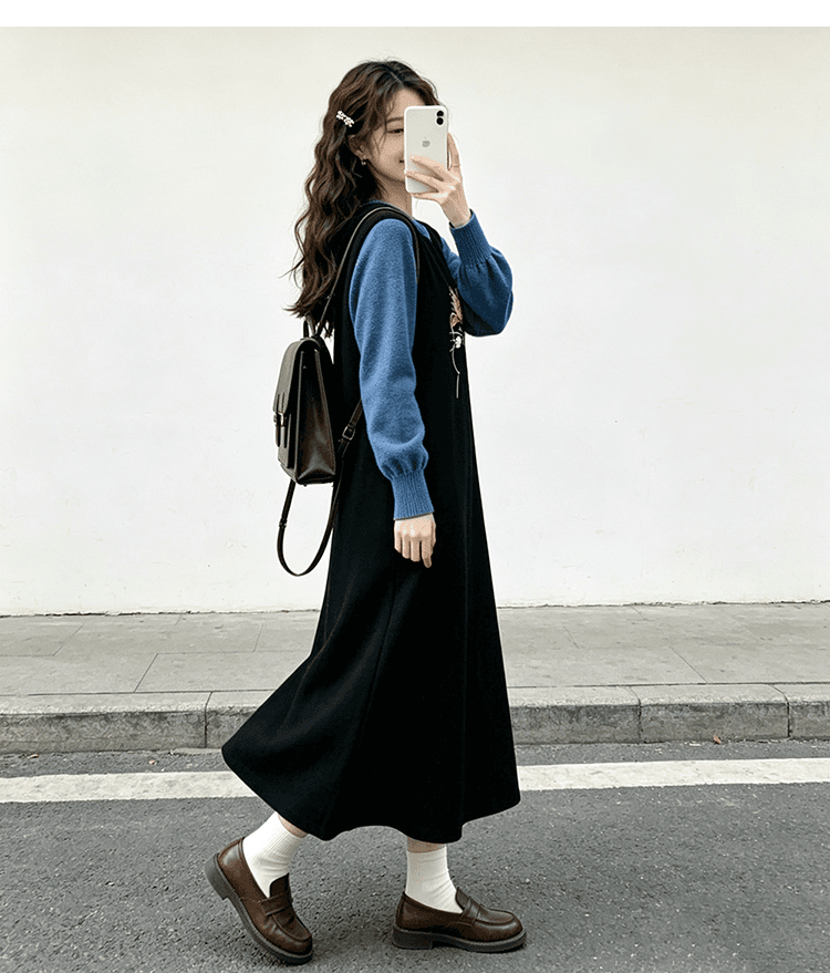 임산부 드레스 봄 가을 2026 새로운 페이크 레이어드 디자인 센스 임신 기간 출퇴근 생산 확인 가을 겨울 니트 스웨터 드레스 상세 이미지 20